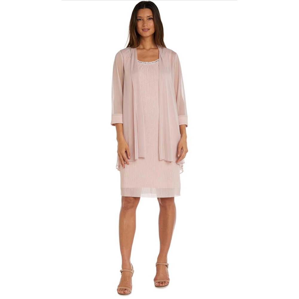 R&M Richards Womens Blush Pink Shimmer Dress and Sheer Jacket Set Size 12 Formal